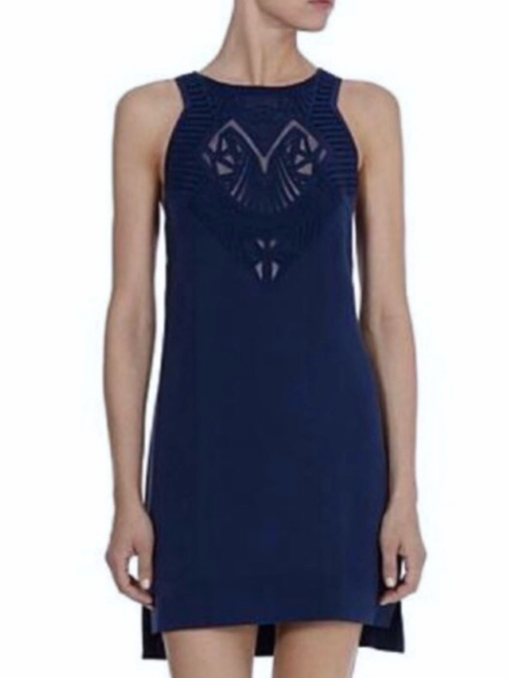 Karen Millen Sz 4 Dress Silk Sleeveless Sheath Blue Mini Embroidered Classic